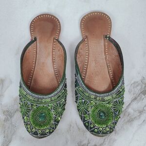 Indian Pakistani Hand Beaded Backless Slip On Khussa Jutti Mojari Mules, 7.5